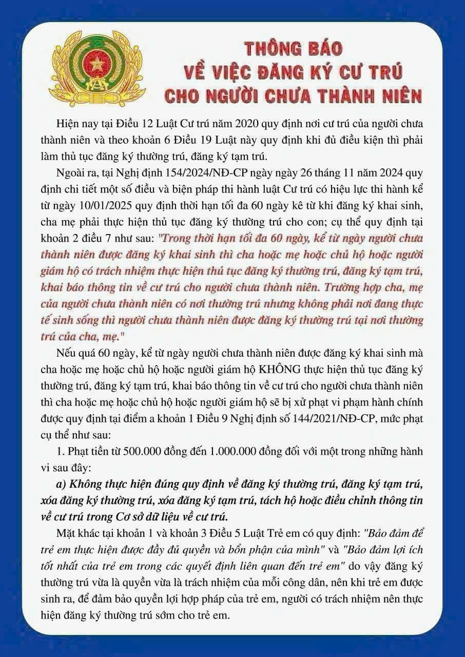 THÔNG TIN VỀ VIỆC ĐĂNG KÝ CƯ TRÚ CHO NGƯỜI CHỨ THÀNH NIÊN VÀ TRẺ EM